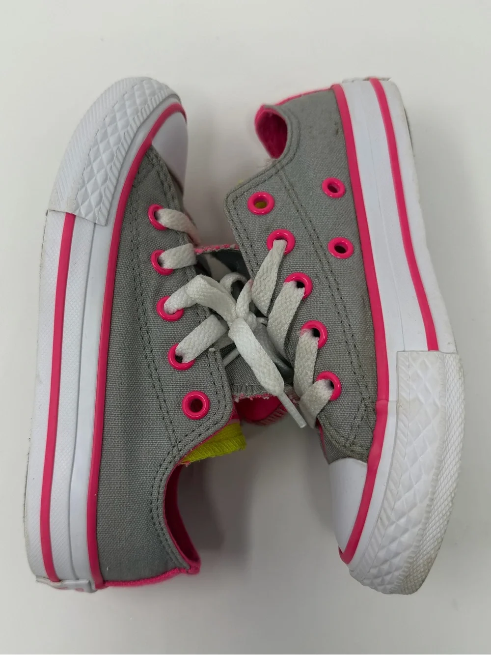 Converse Kids Low-Top Canvas Sneakers in Gray, Hot Pink & Neon Yellow Sz. 11
